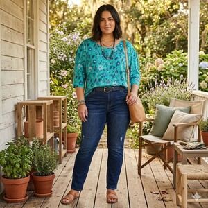 Woman Within Teal Floral Cotton Tunic Top Scoop Neck Elbow Sleeve 3X 30/32